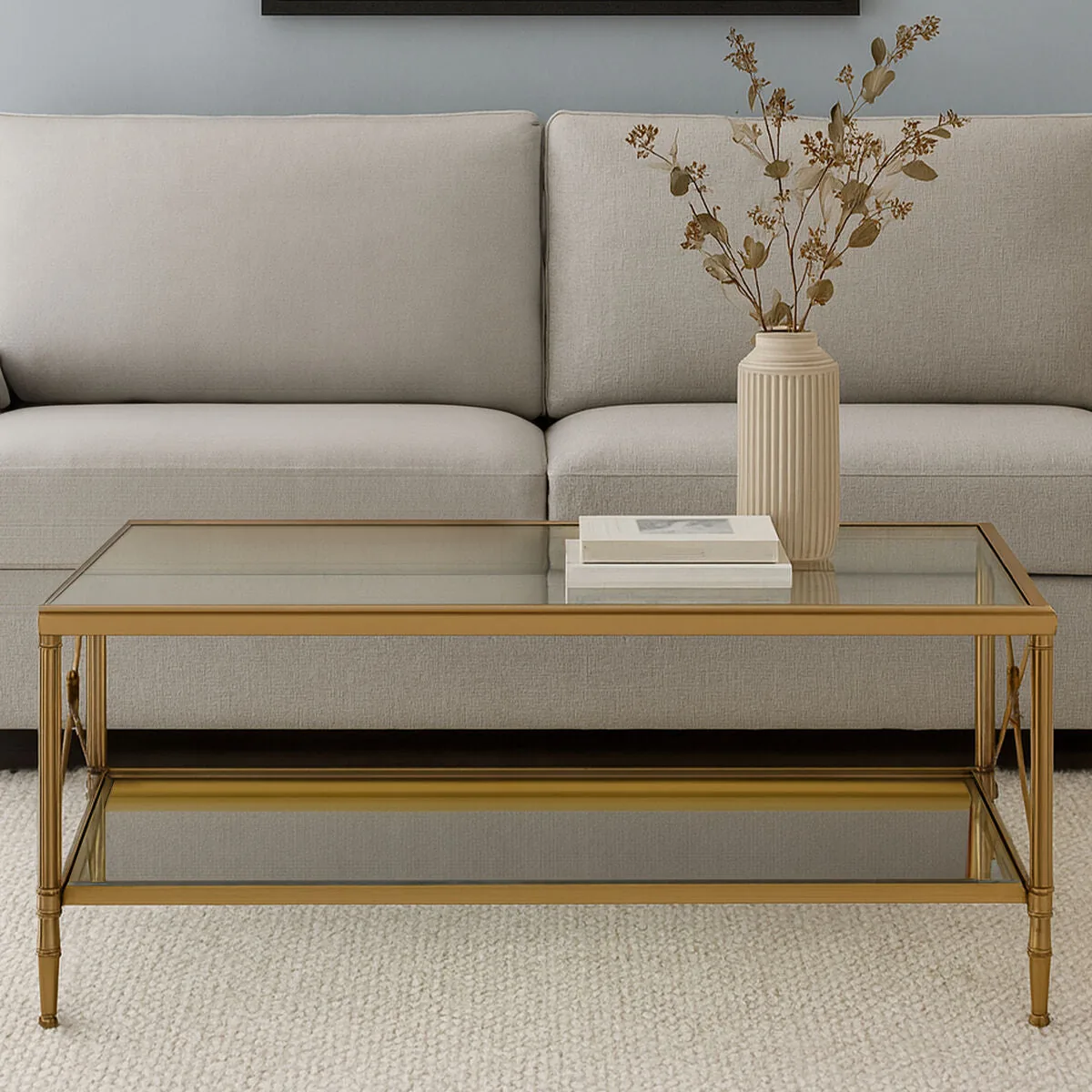 Gold Tarnished Brass Frame Coffee Table With Two-Tier Glass Shelves, Axis