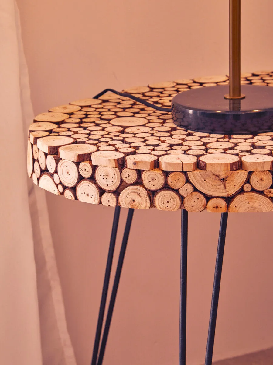 Natural Fir Wood Disc Mosaic Oval Coffee Table With Black Metal Hairpin Legs, Lacuna