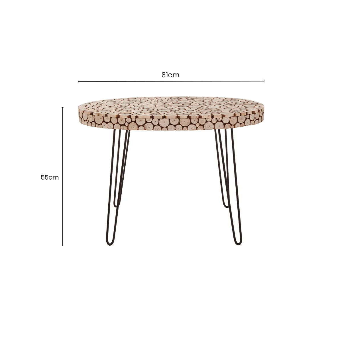 Natural Fir Wood Disc Mosaic Oval Coffee Table With Black Metal Hairpin Legs, Lacuna