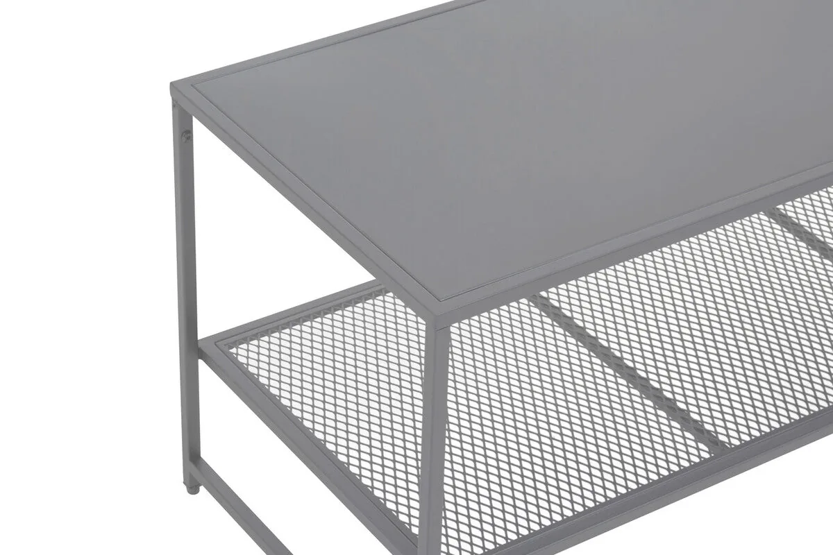 Grey Powder Coated Metal Coffee Table With Lower Mesh Display Shelf, Acero