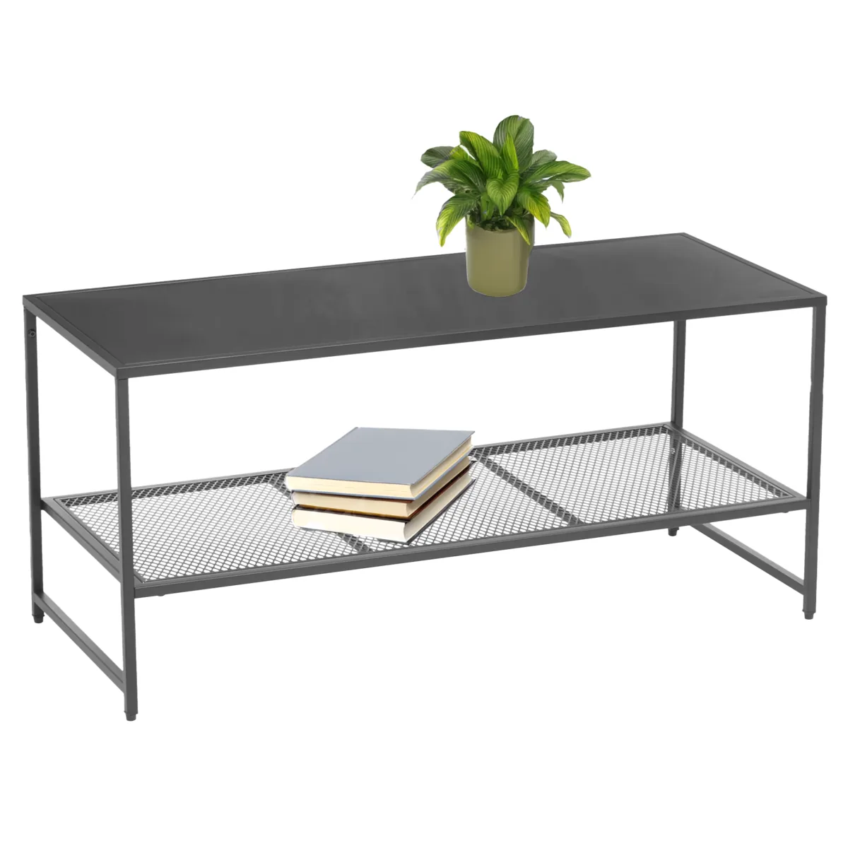 Grey Powder Coated Metal Coffee Table With Lower Mesh Display Shelf, Acero