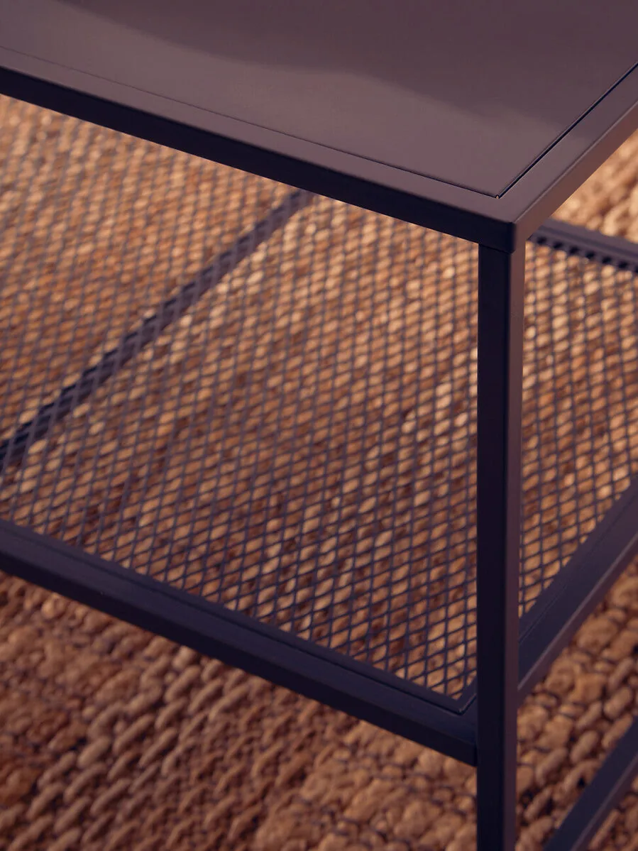 Grey Powder Coated Metal Coffee Table With Lower Mesh Display Shelf, Acero