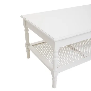 White Wooden Coffee Table With Cane Webbed Lower Shelf & Carved Spindle Legs, Heritage