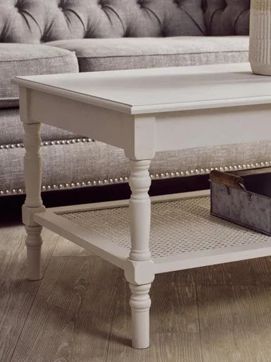 White Wooden Coffee Table With Cane Webbed Lower Shelf & Carved Spindle Legs, Heritage