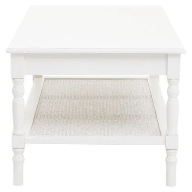 White Wooden Coffee Table With Cane Webbed Lower Shelf & Carved Spindle Legs, Heritage