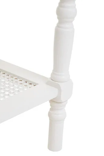 White Wooden Coffee Table With Cane Webbed Lower Shelf & Carved Spindle Legs, Heritage