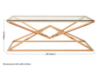 Corseted Rose Gold Triangle Steel Base Coffee Table With Tempered Glass Top, Allure
