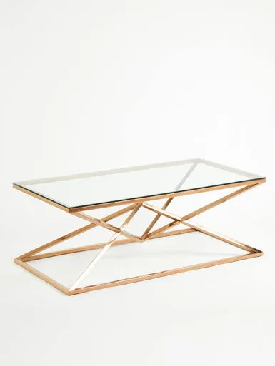 Corseted Rose Gold Triangle Steel Base Coffee Table With Tempered Glass Top, Allure