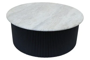 Cream Travertine Top Coffee Table With Ridged Black Acacia Wood Drum Base, Walton