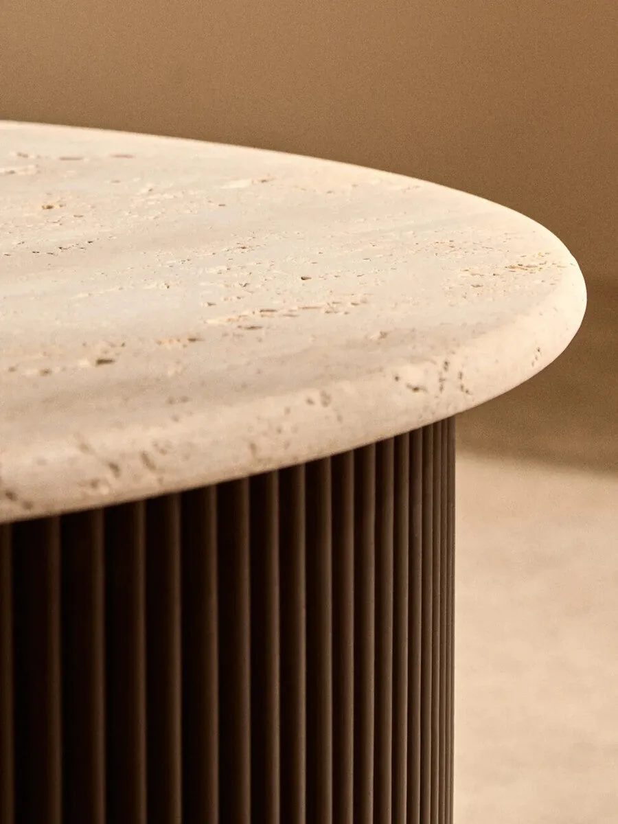 Cream Travertine Top Coffee Table With Ridged Black Acacia Wood Drum Base, Walton