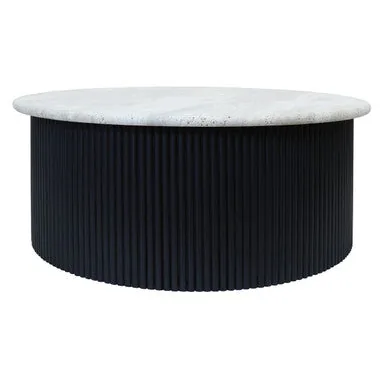 Cream Travertine Top Coffee Table With Ridged Black Acacia Wood Drum Base, Walton