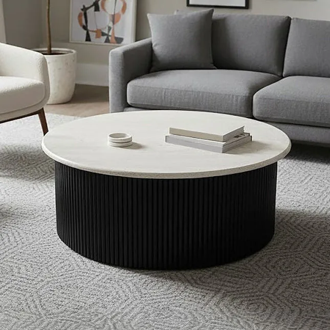 Cream Travertine Top Coffee Table With Ridged Black Acacia Wood Drum Base, Walton