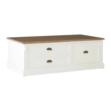 Fir Wood Veneer Top & White Wooden Coffee Table With 3 Drawers, Hardwick