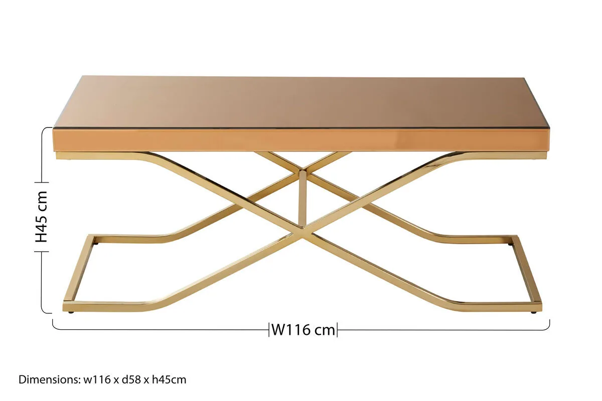Light Brown Glass Top Coffee Table With Gold Iron Frame, Kensington Townhouse
