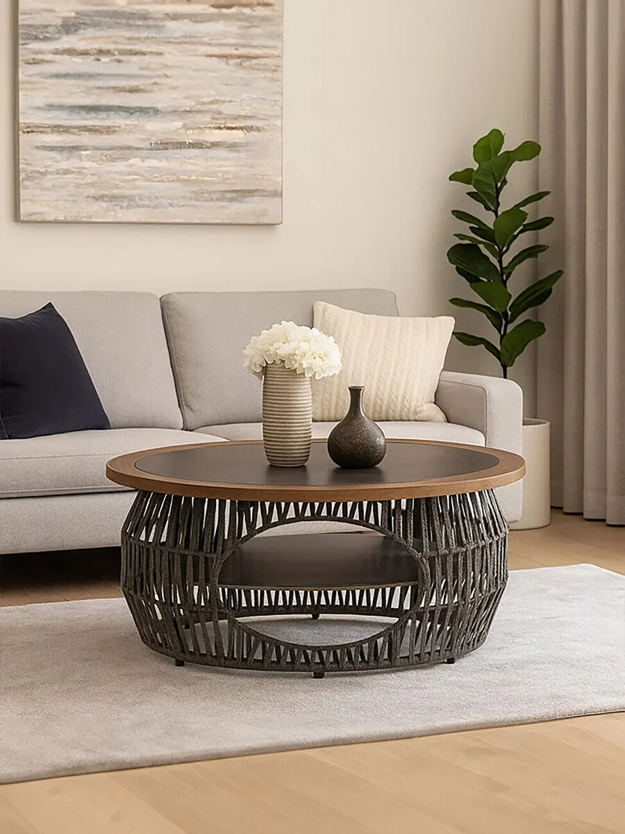 Grey Stone & Natural Wood Top Coffee Table With Rope Base, Opus