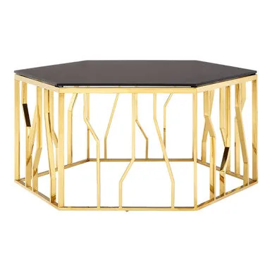 Gold Tone Stainless Steel Hexagonal Coffee Table With Black Glass Top, Alvaro