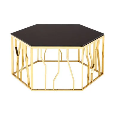 Gold Tone Stainless Steel Hexagonal Coffee Table With Black Glass Top, Alvaro