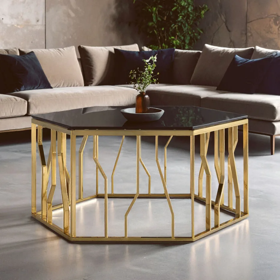 Gold Tone Stainless Steel Hexagonal Coffee Table With Black Glass Top, Alvaro