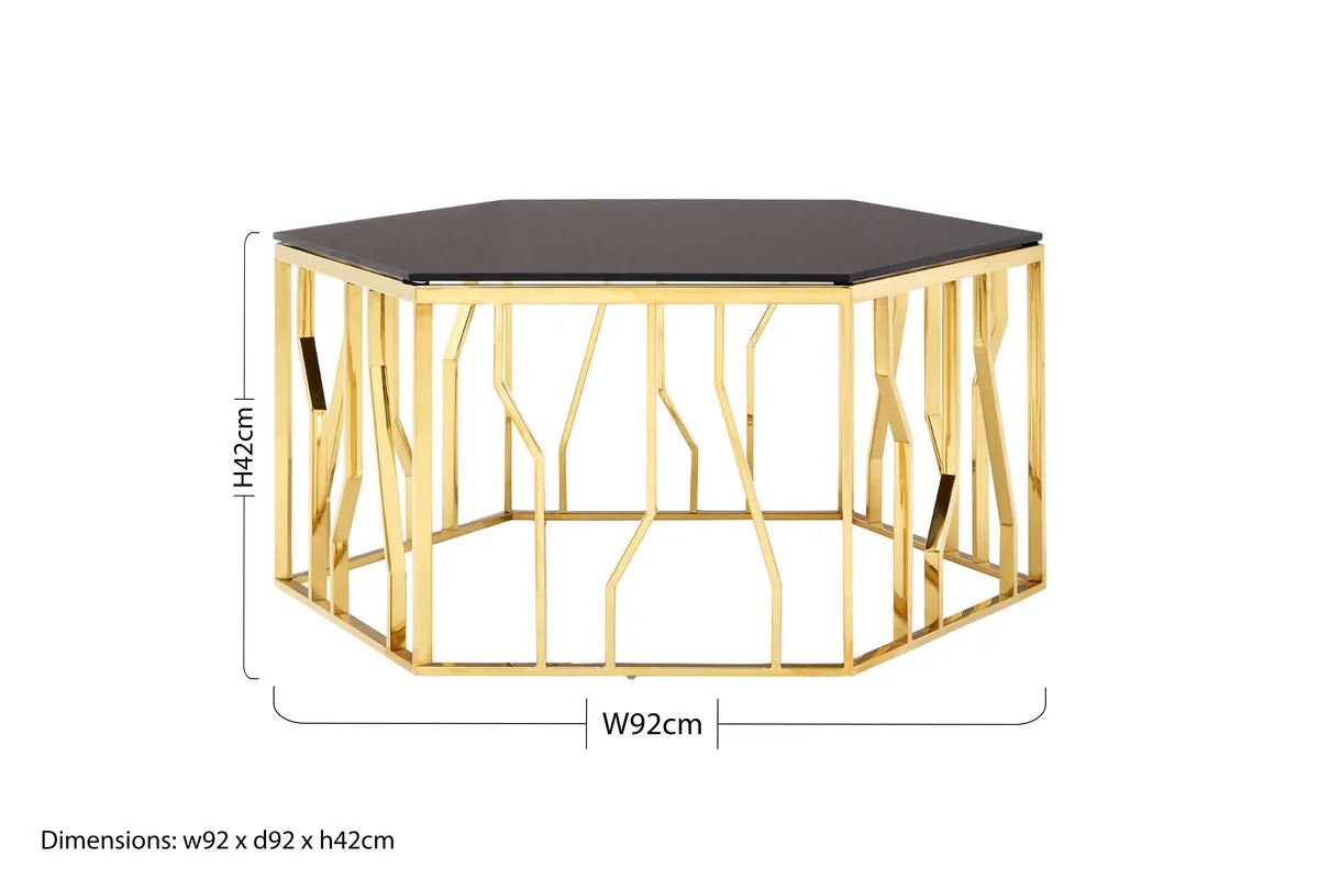 Gold Tone Stainless Steel Hexagonal Coffee Table With Black Glass Top, Alvaro