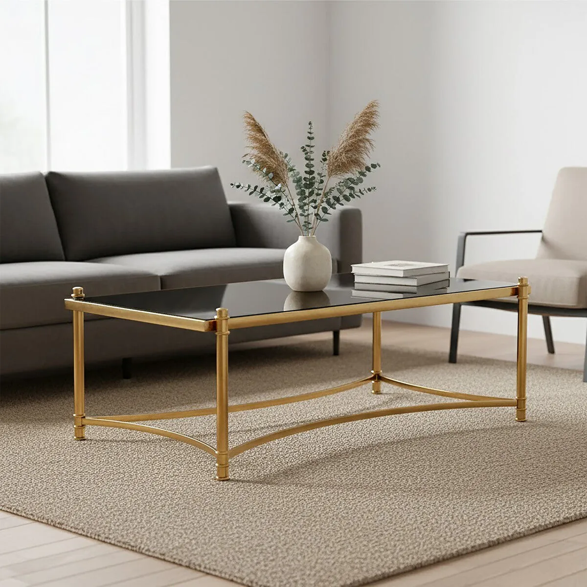 Gold Base Coffee Table With Black Glass Top, Ackley