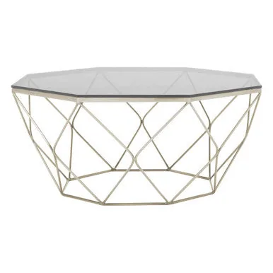 Hexagon Tempered Glass Top Coffee Table With Gold Brushed Nickel Base, Allure