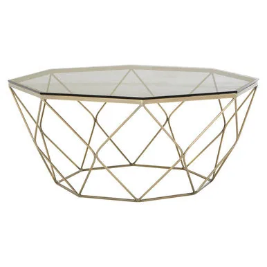 Hexagon Tempered Glass Top Coffee Table With Gold Brushed Nickel Base, Allure