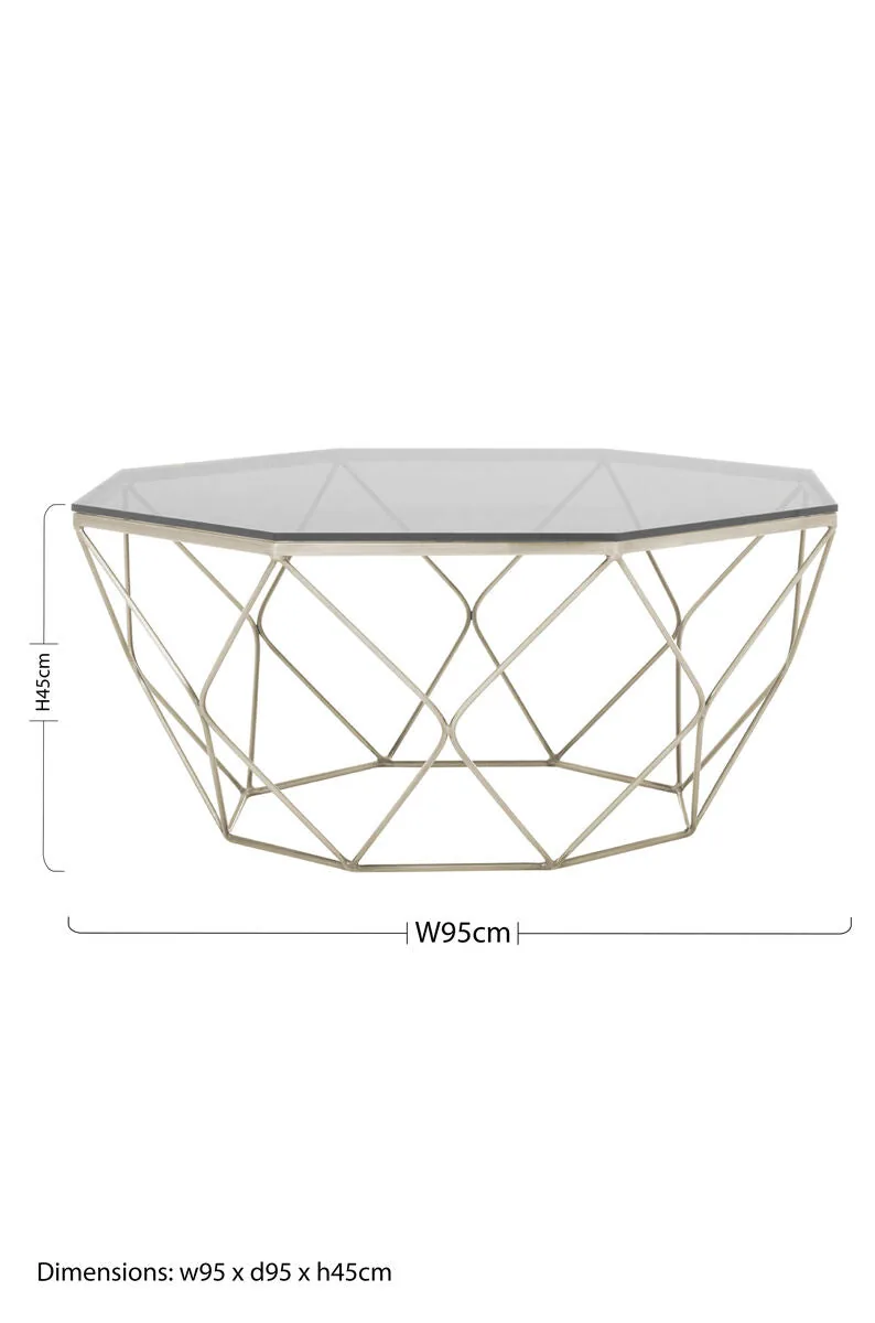 Hexagon Tempered Glass Top Coffee Table With Gold Brushed Nickel Base, Allure