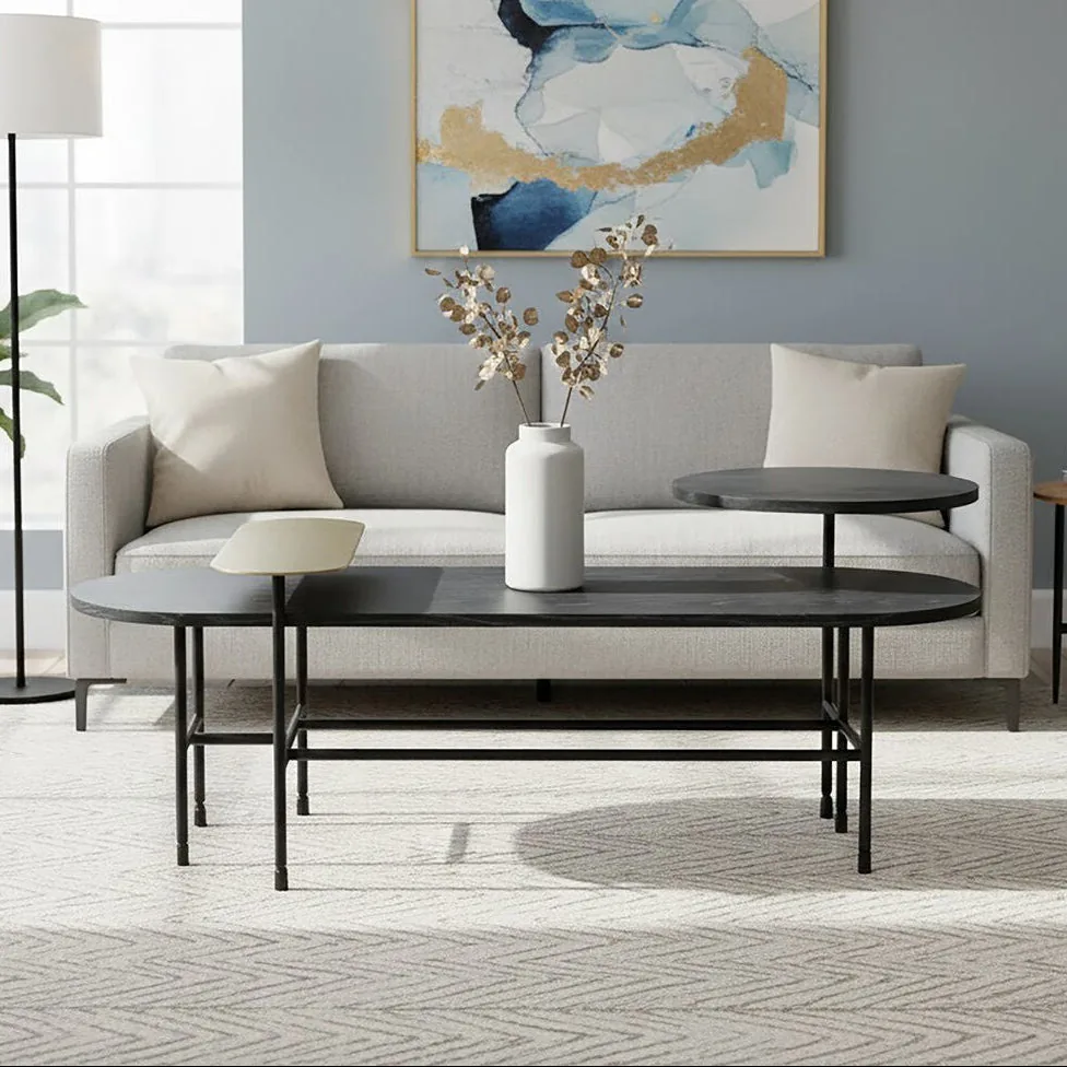 Gold Oak Veneer & Black Marble Top Coffee Table With Iron Legs, Serrano