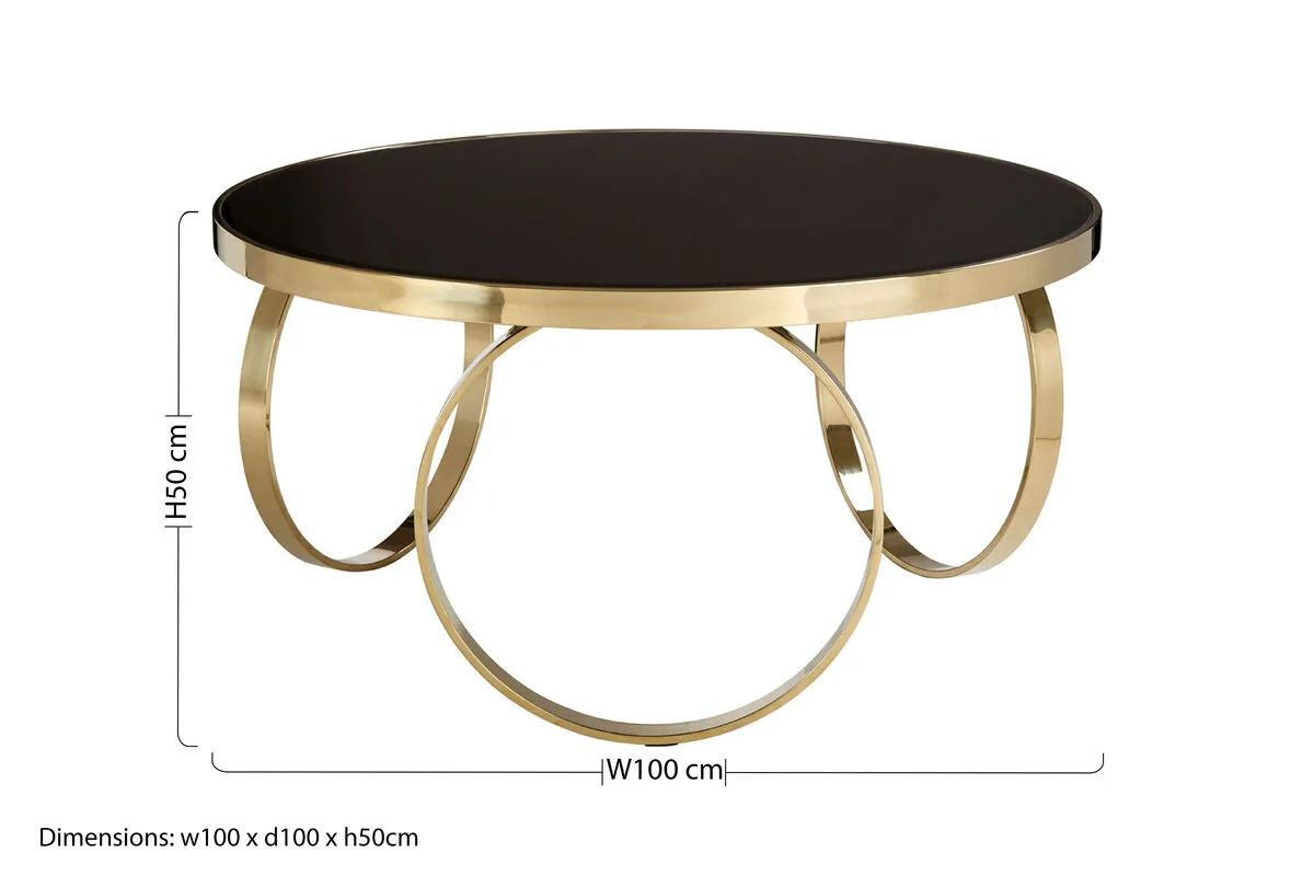 Large Round Mirrored Black Top Coffee Table With Gold Stainless Steel Ring Base, Ragusa