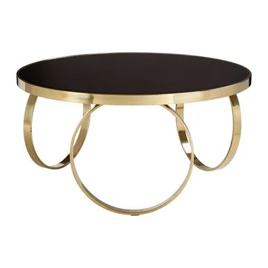 Large Round Mirrored Black Top Coffee Table With Gold Stainless Steel Ring Base, Ragusa