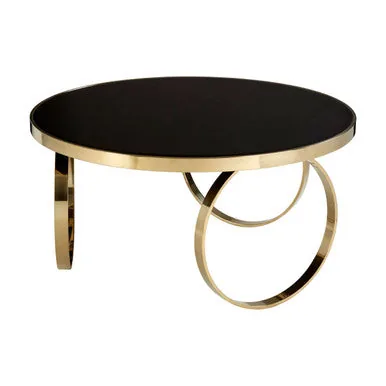 Large Round Mirrored Black Top Coffee Table With Gold Stainless Steel Ring Base, Ragusa