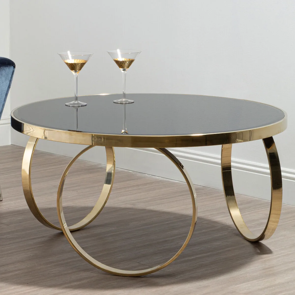 Large Round Mirrored Black Top Coffee Table With Gold Stainless Steel Ring Base, Ragusa