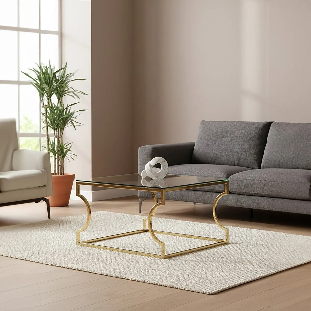 Gold Curved Frame Coffee Table With Clear Tempered Glass Top, Allure