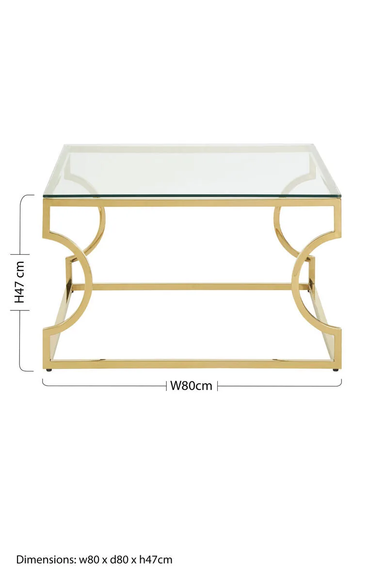 Gold Curved Frame Coffee Table With Clear Tempered Glass Top, Allure
