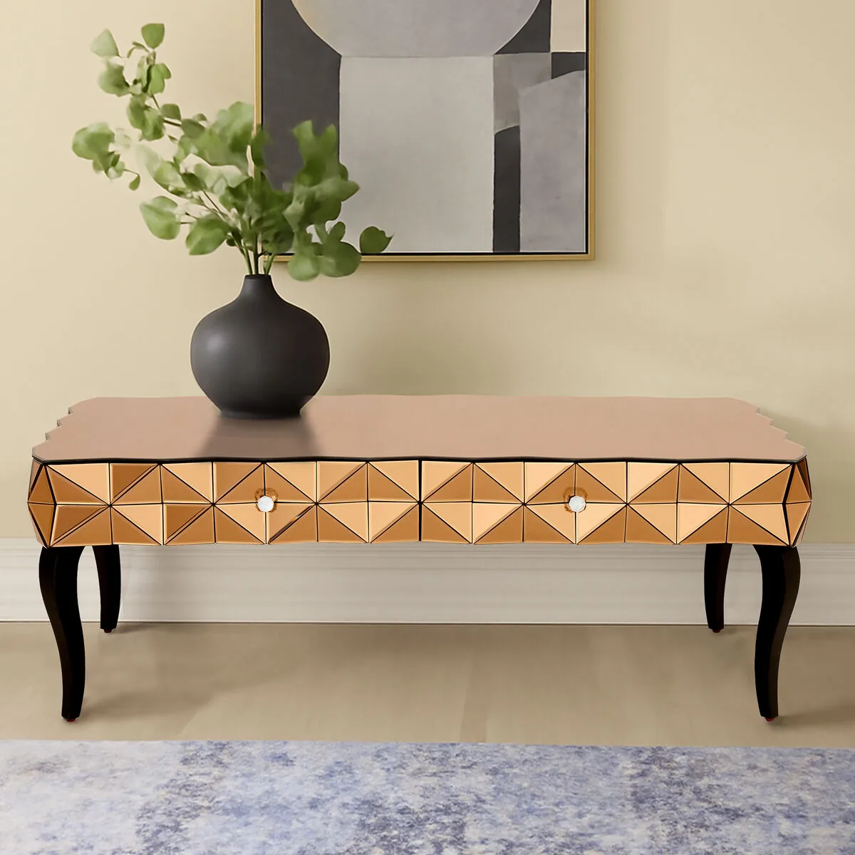 Gold Copper Geometric Coffee Table With Smoked Glass Top & Black Wood Legs, Soho