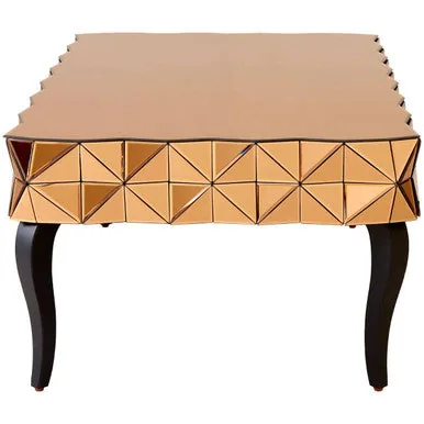 Gold Copper Geometric Coffee Table With Smoked Glass Top & Black Wood Legs, Soho