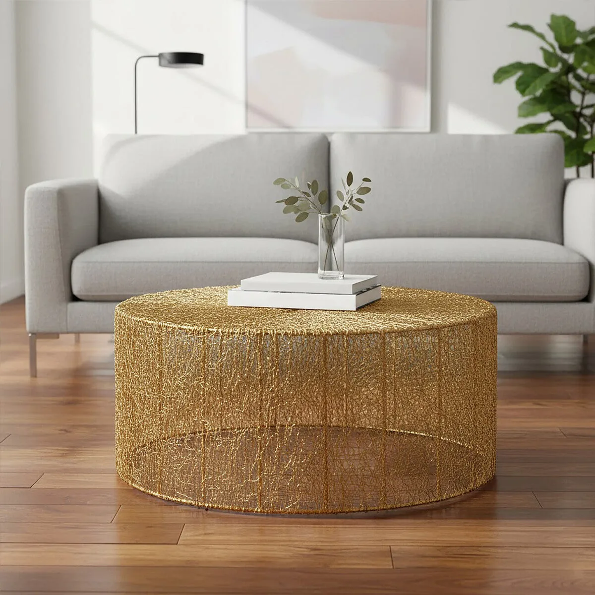 Gold Circular Iron Coffee Table With Gold Vertical Line Frame, Templar