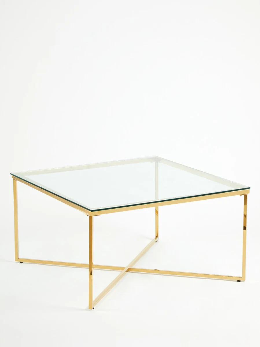 Gold Coffee Table With Intersecting Cross Base & Clear Glass Top, Allure