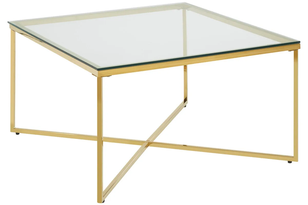 Gold Coffee Table With Intersecting Cross Base & Clear Glass Top, Allure