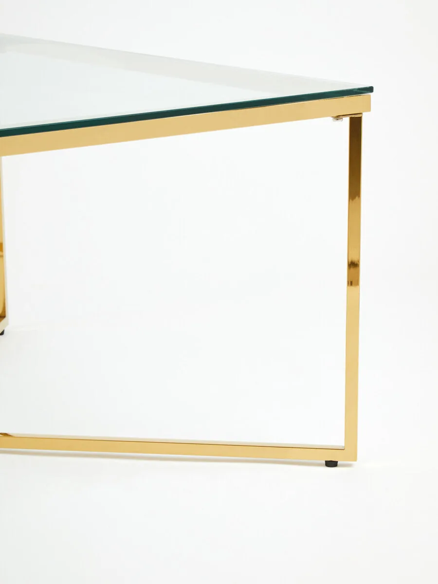 Gold Coffee Table With Intersecting Cross Base & Clear Glass Top, Allure