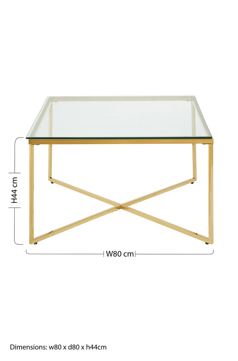Gold Coffee Table With Intersecting Cross Base & Clear Glass Top, Allure