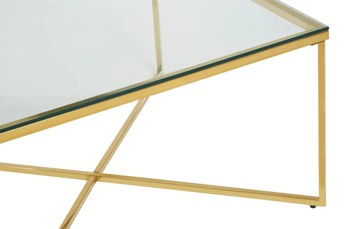 Gold Coffee Table With Intersecting Cross Base & Clear Glass Top, Allure