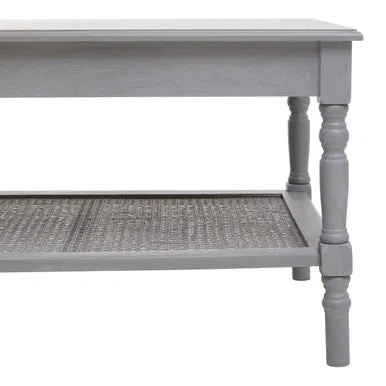 Slate Grey Wooden Coffee Table With Cane Webbed Lower Shelf & Carved Spindle Legs, Heritage