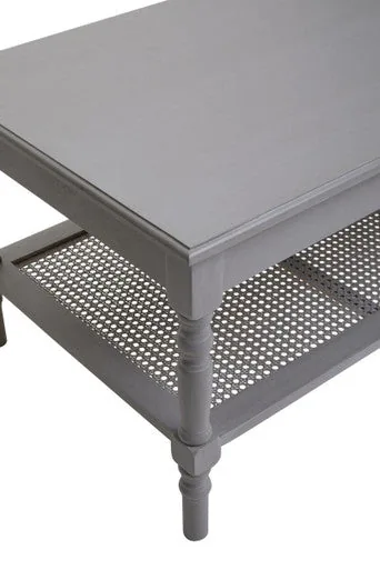 Slate Grey Wooden Coffee Table With Cane Webbed Lower Shelf & Carved Spindle Legs, Heritage