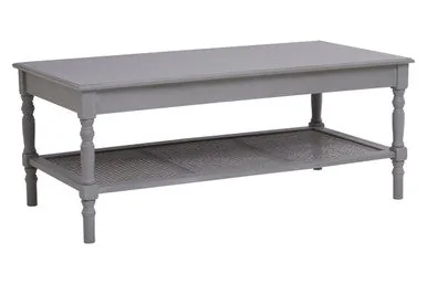 Slate Grey Wooden Coffee Table With Cane Webbed Lower Shelf & Carved Spindle Legs, Heritage