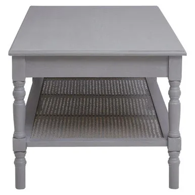 Slate Grey Wooden Coffee Table With Cane Webbed Lower Shelf & Carved Spindle Legs, Heritage