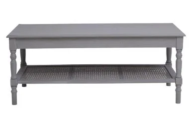 Slate Grey Wooden Coffee Table With Cane Webbed Lower Shelf & Carved Spindle Legs, Heritage