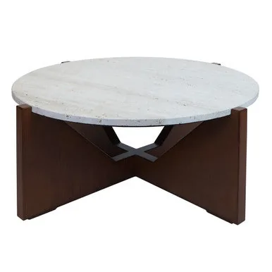 Cream Travertine Top Coffee Table With Brown Acacia Wood Geometric Frame, Walton