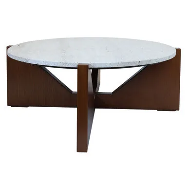 Cream Travertine Top Coffee Table With Brown Acacia Wood Geometric Frame, Walton