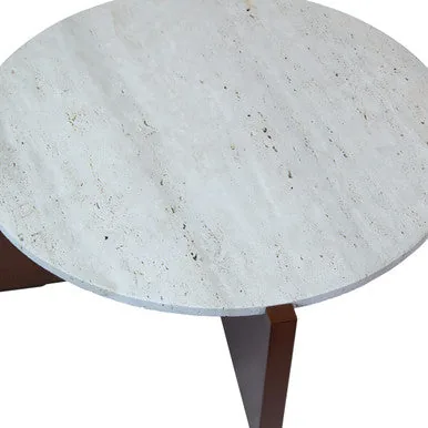 Cream Travertine Top Coffee Table With Brown Acacia Wood Geometric Frame, Walton